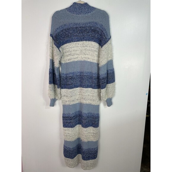 Free People Sweater Dress M Making Waves Blue Striped Eyelash-knit Granola Girl - Picture 10 of 13